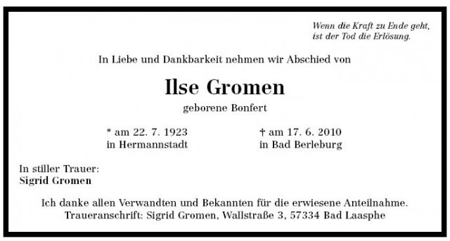 Bonfert Ilse 1923-2010 Todesanzeige
